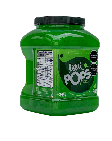 Tarro LiquiPops Manzana Verde 3400g — perlas explosivas en almíbar, fondo blanco